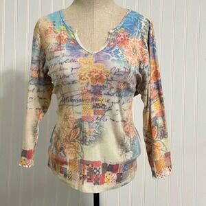 Xcit USA Patchwork Floral Script Top Y2K Grunge Fairy L Lettuce Hem 3/4 Sleeve